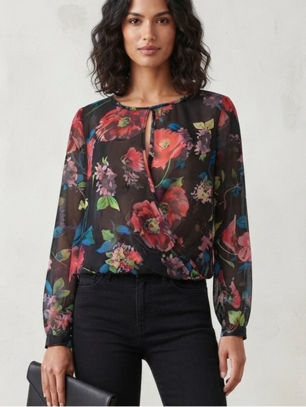 Seductions Sheer Faux Wrap Top Size S